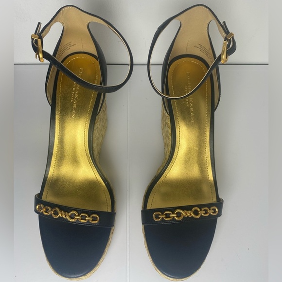 DONNA KARAN NWT & Box Yulissa Ankle Strap Nappa Black & Gold Wedge Sandals - Picture 3 of 7